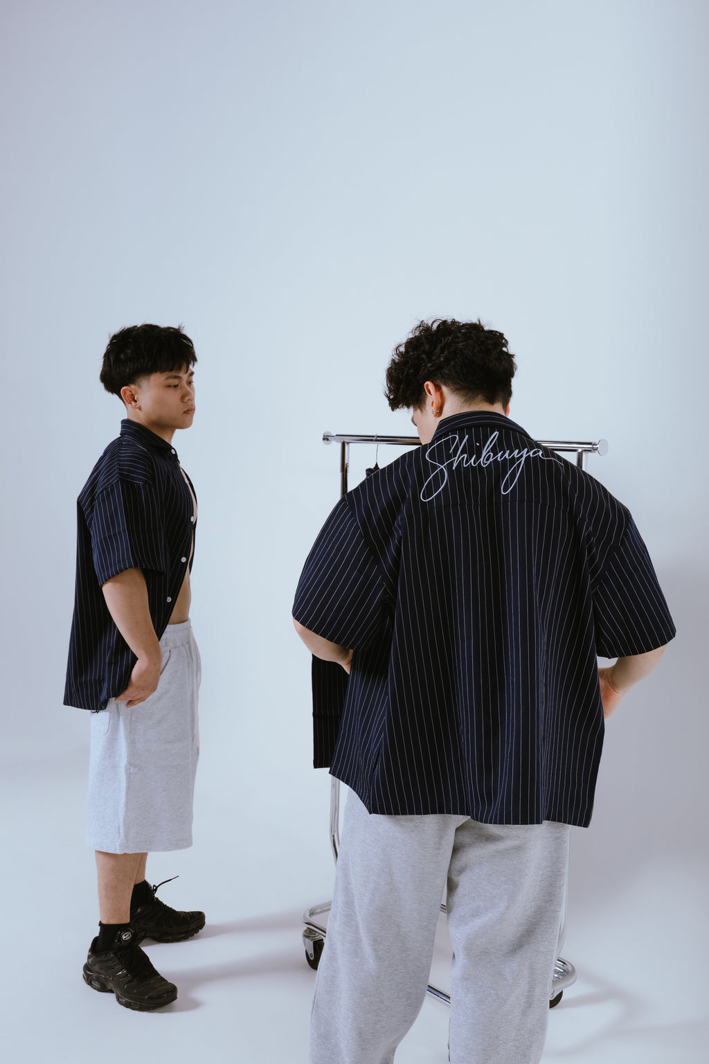 SHIBUYA シブヤ Pinstripe Button-Up Shirt Navy Blue