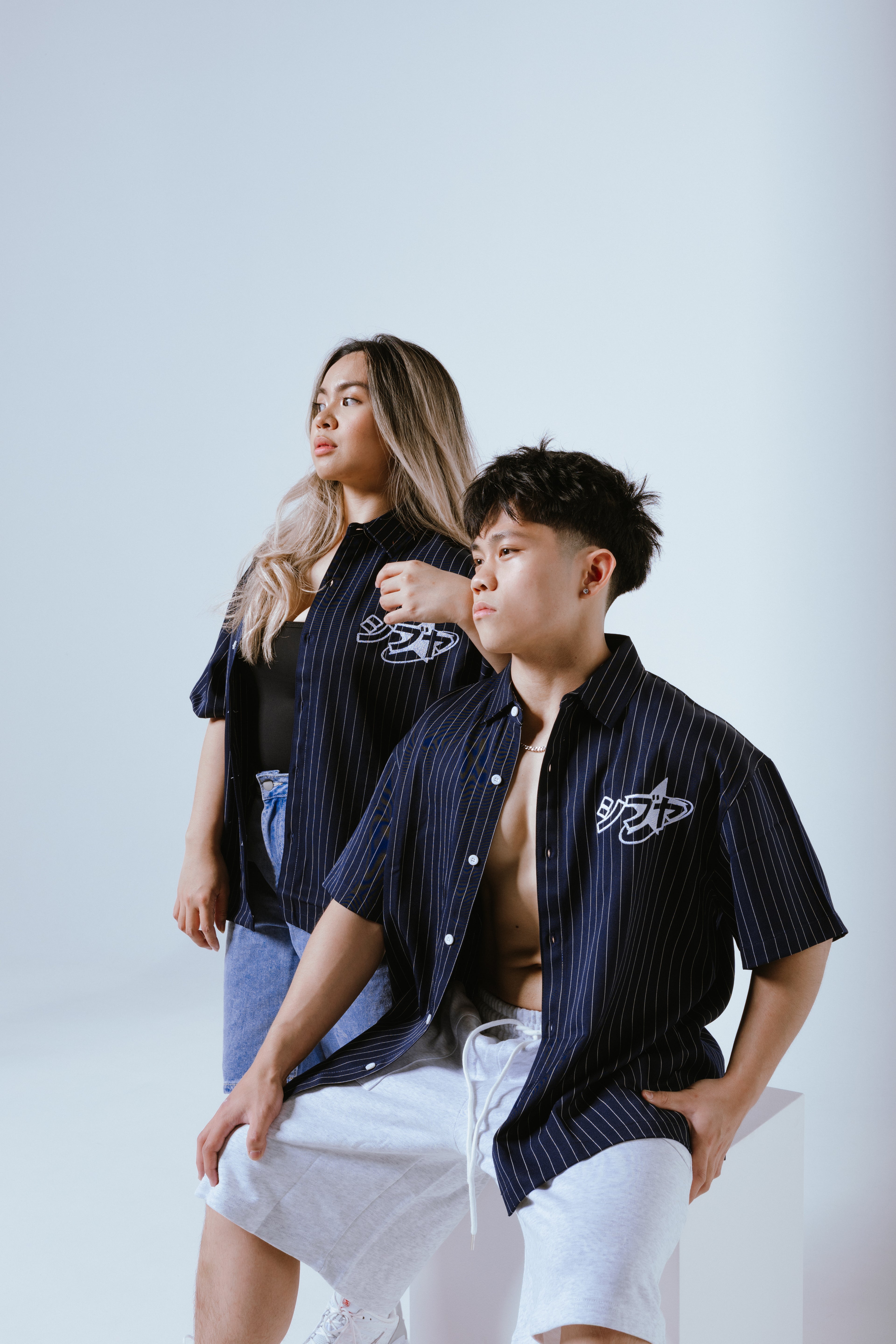 SHIBUYA シブヤ Pinstripe Button-Up Shirt Navy Blue