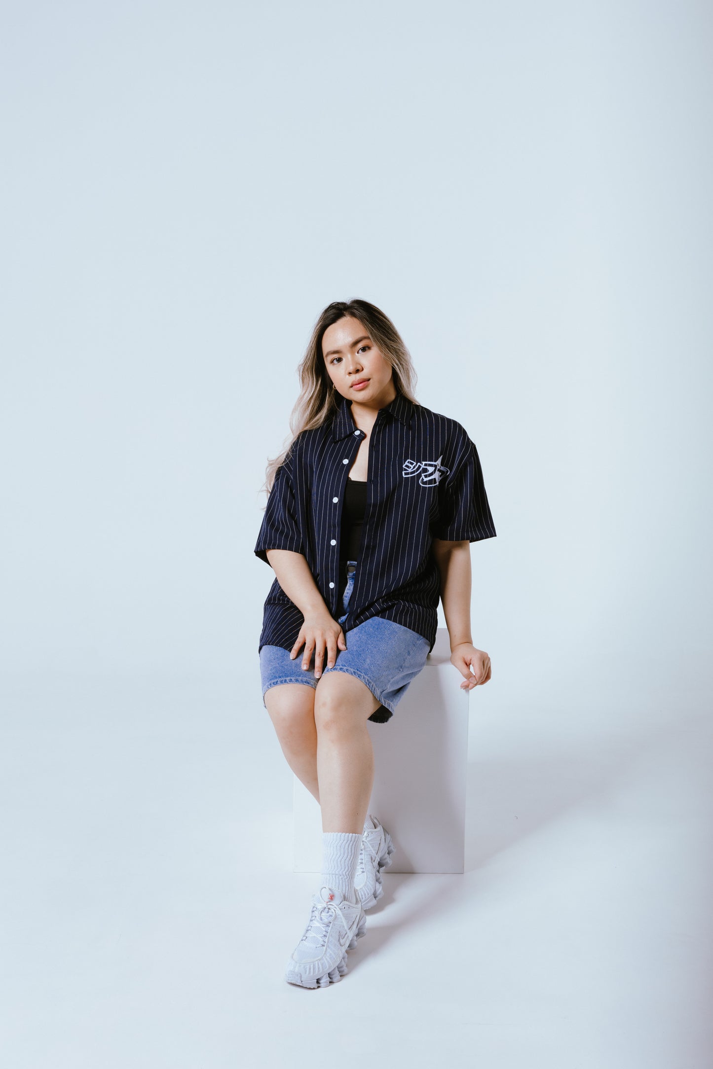 SHIBUYA シブヤ Pinstripe Button-Up Shirt Navy Blue