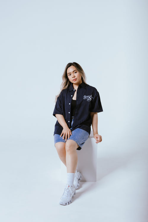 SHIBUYA シブヤ Pinstripe Button-Up Shirt Navy Blue